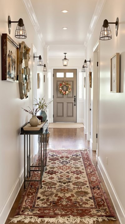 Charmanter Flur mit rustikaler Dekoration, einem abgenutzten Teppich und Metallwandleuchten