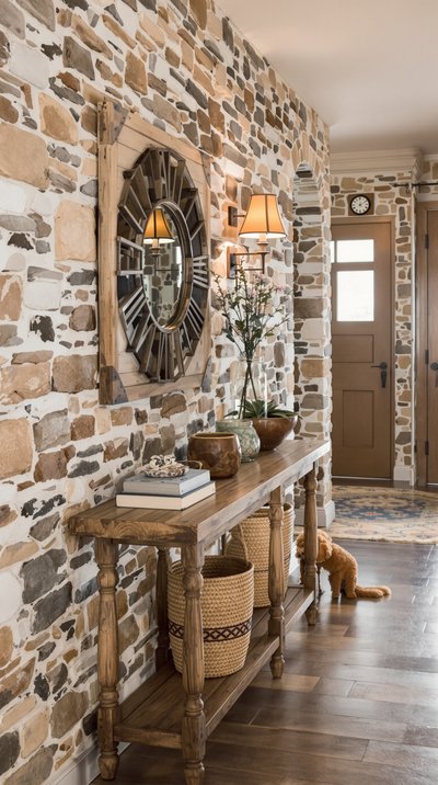 Gemütlicher, rustikaler Flur mit Steinwänden und hölzernem Konsolentisch