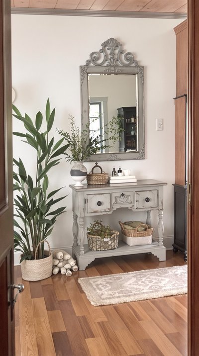 Flur mit rustikalem Charme, Hartholzböden und einem Vintage-Spiegel