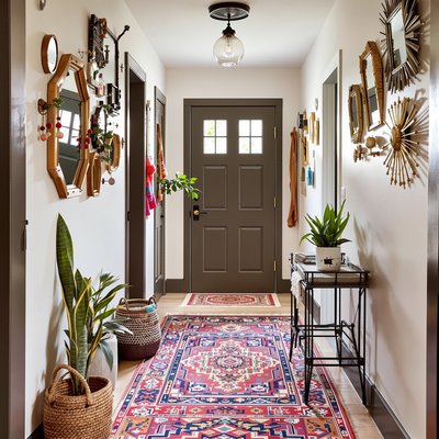 Bohemian-inspirierter schmaler Flur mit eklektischen, kleinen Spiegelakzenten und lebhaften Teppichen