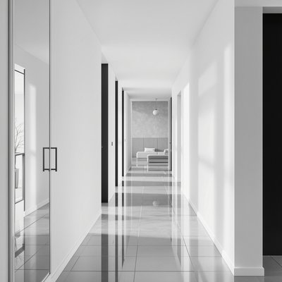 Geräumiger, minimalistischer Flur mit einem bodenlangen, rahmenlosen Spiegel und monochromer Farbpalette