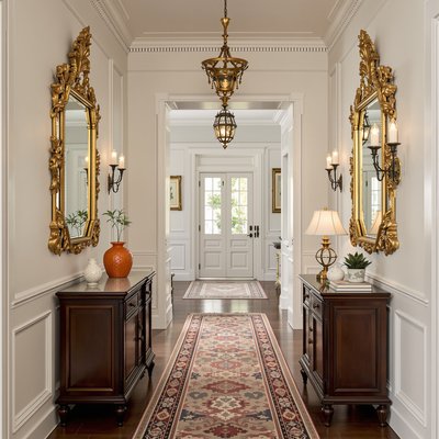 Flur im viktorianischen Stil mit aufwendigen Goldspiegel-Akzenten und reichen, dunklen Holzmöbeln
