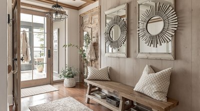 Rustikaler Eingangsbereich mit Vintage-Spiegelakzenten und einer Holzbank