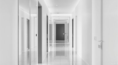 Geräumiger, minimalistischer Flur mit einem bodenlangen, rahmenlosen Spiegel und monochromer Farbpalette