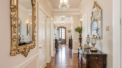 Flur im viktorianischen Stil mit aufwendigen Goldspiegel-Akzenten und reichen, dunklen Holzmöbeln