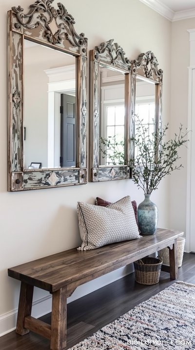 Rustikaler Eingangsbereich mit Vintage-Spiegelakzenten und einer Holzbank
