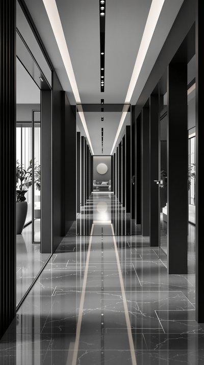 Geräumiger, minimalistischer Flur mit einem bodenlangen, rahmenlosen Spiegel und monochromer Farbpalette