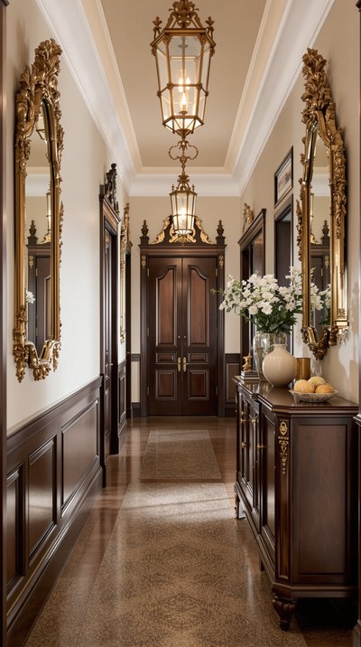 Flur im viktorianischen Stil mit aufwendigen Goldspiegel-Akzenten und reichen, dunklen Holzmöbeln