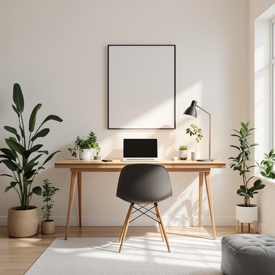Minimalistisches Homeoffice mit einem hölzernen Schreibtisch, grünen Pflanzen und sanfter Beleuchtung.