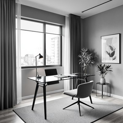 Minimalistisches Homeoffice mit einem monochromen Farbschema und einem Schreibtisch mit Glasplatte.