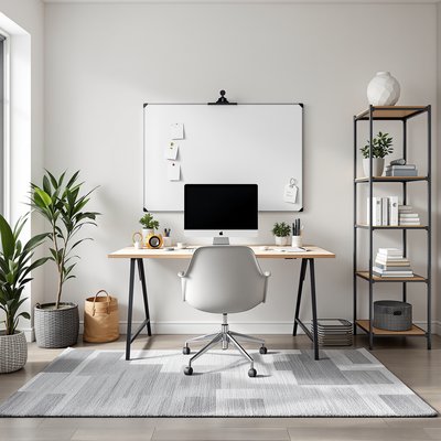 Modernes Homeoffice mit einer Wandtafel, grauem Teppich und Metallregalen.
