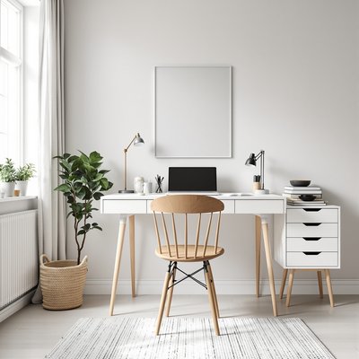 Skandinavisch gestaltetes Homeoffice mit einem einfachen weißen Schreibtisch, hölzernem Stuhl und natürlichem Licht.
