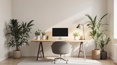 Minimalistisches Homeoffice mit einem hölzernen Schreibtisch, grünen Pflanzen und sanfter Beleuchtung.