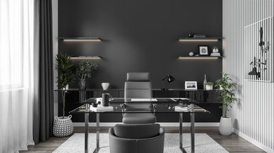 Minimalistisches Homeoffice mit einem monochromen Farbschema und einem Schreibtisch mit Glasplatte.