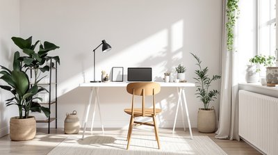 Skandinavisch gestaltetes Homeoffice mit einem einfachen weißen Schreibtisch, hölzernem Stuhl und natürlichem Licht.