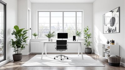 Elegantes Homeoffice mit einem weißen Schreibtisch, schwarzem Stuhl und großen Fenstern.