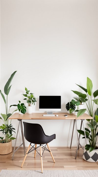 Minimalistisches Homeoffice mit einem hölzernen Schreibtisch, grünen Pflanzen und sanfter Beleuchtung.