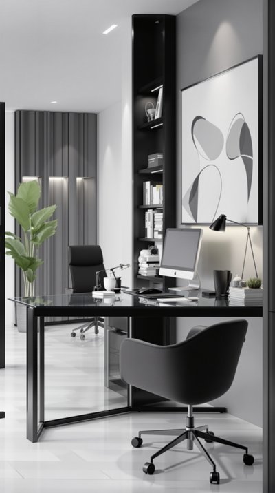 Minimalistisches Homeoffice mit einem monochromen Farbschema und einem Schreibtisch mit Glasplatte.
