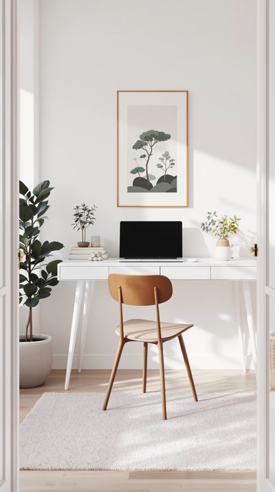 Skandinavisch gestaltetes Homeoffice mit einem einfachen weißen Schreibtisch, hölzernem Stuhl und natürlichem Licht.