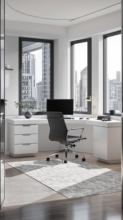 Elegantes Homeoffice mit einem weißen Schreibtisch, schwarzem Stuhl und großen Fenstern.