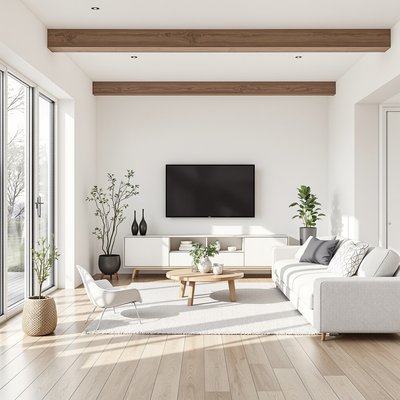 Helles, luftiges modernes Wohnzimmer mit weißen Wänden, Holzböden und minimaler Möblierung.