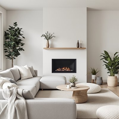 Gemütliches modernes Wohnzimmer mit minimalistischem Design, mit einer weichen grauen Wohnlandschaft und einem einfachen Kamin.