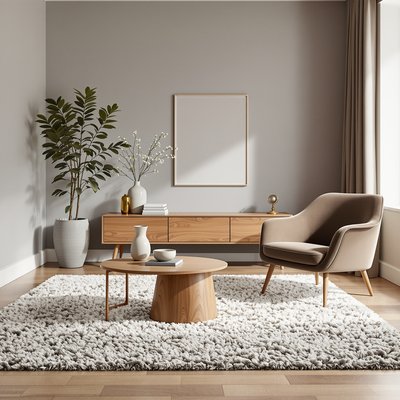 Minimalistisches modernes Wohnzimmer mit einem Fokus auf Textur, mit einem flauschigen Teppich, einem Holztisch und einem Samtakzentstuhl.
