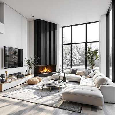 Geräumiges minimalistisches Wohnzimmer mit einer monochromen Farbpalette, großen Fenstern und Metallakzenten.