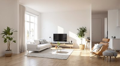 Helles, luftiges modernes Wohnzimmer mit weißen Wänden, Holzböden und minimaler Möblierung.