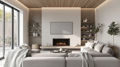 Gemütliches modernes Wohnzimmer mit minimalistischem Design, mit einer weichen grauen Wohnlandschaft und einem einfachen Kamin.