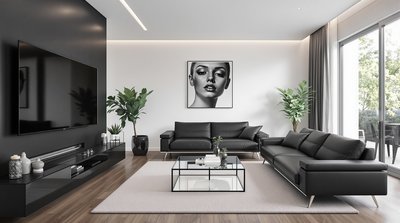 Minimalistisches modernes Wohnzimmer mit einer eleganten schwarzen Ledercouch und einem Glastisch.