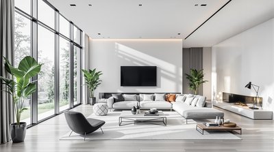 Geräumiges minimalistisches Wohnzimmer mit einer monochromen Farbpalette, großen Fenstern und Metallakzenten.