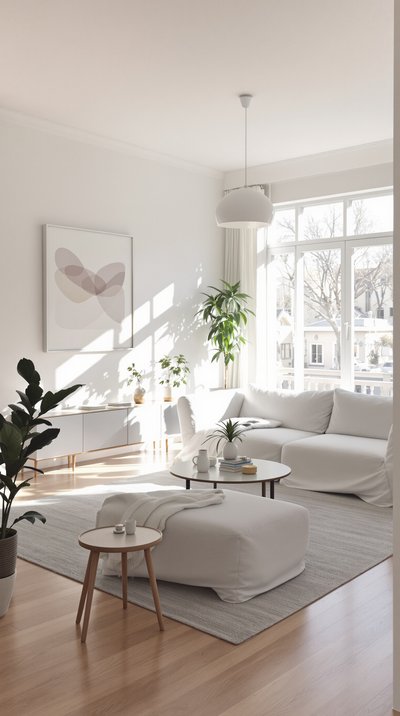 Helles, luftiges modernes Wohnzimmer mit weißen Wänden, Holzböden und minimaler Möblierung.