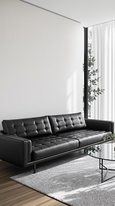 Minimalistisches modernes Wohnzimmer mit einer eleganten schwarzen Ledercouch und einem Glastisch.