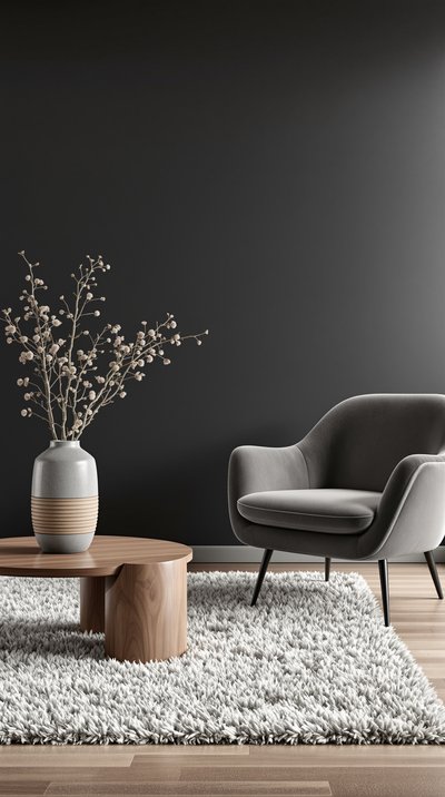 Minimalistisches modernes Wohnzimmer mit einem Fokus auf Textur, mit einem flauschigen Teppich, einem Holztisch und einem Samtakzentstuhl.