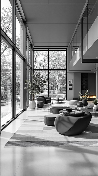 Geräumiges minimalistisches Wohnzimmer mit einer monochromen Farbpalette, großen Fenstern und Metallakzenten.