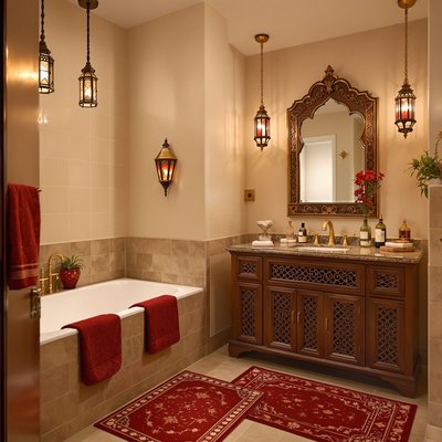 Badezimmer im Thema der arabischen Nächte mit hängenden Laternen, tiefroten Teppichen und geschnitztem Holzwaschtisch.