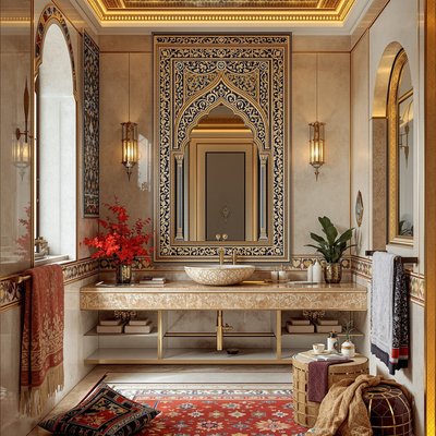 Luxuriöses Badezimmer im Nahost-Stil mit aufwändigem Mosaikspiegel und reichen Textilien