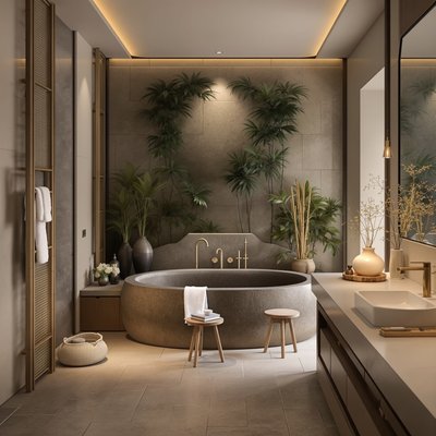 Serenes, asiatisch inspiriertes Badezimmer mit Bambusakzenten und Steinbadewanne