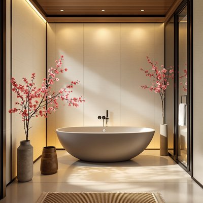 Zen-ähnliches Badezimmer mit japanischer Tauchwanne, Kirschblütenakzenten und Reispapierwänden