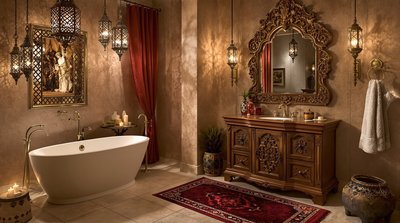 Badezimmer im Thema der arabischen Nächte mit hängenden Laternen, tiefroten Teppichen und geschnitztem Holzwaschtisch.