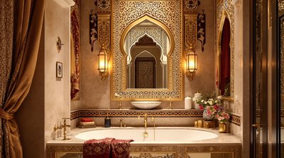 Luxuriöses Badezimmer im Nahost-Stil mit aufwändigem Mosaikspiegel und reichen Textilien