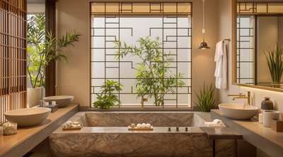 Serenes, asiatisch inspiriertes Badezimmer mit Bambusakzenten und Steinbadewanne