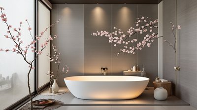 Zen-ähnliches Badezimmer mit japanischer Tauchwanne, Kirschblütenakzenten und Reispapierwänden
