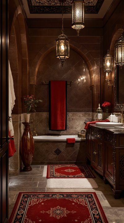 Badezimmer im Thema der arabischen Nächte mit hängenden Laternen, tiefroten Teppichen und geschnitztem Holzwaschtisch.