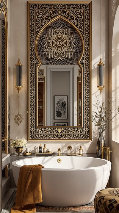 Luxuriöses Badezimmer im Nahost-Stil mit aufwändigem Mosaikspiegel und reichen Textilien