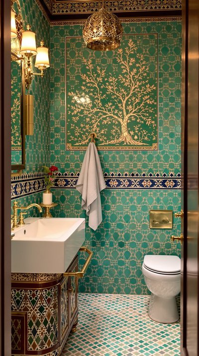 Orientalisches Badezimmer mit türkisen marokkanischen Fliesen und goldenen Armaturen