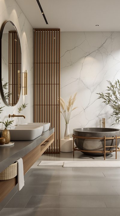 Serenes, asiatisch inspiriertes Badezimmer mit Bambusakzenten und Steinbadewanne