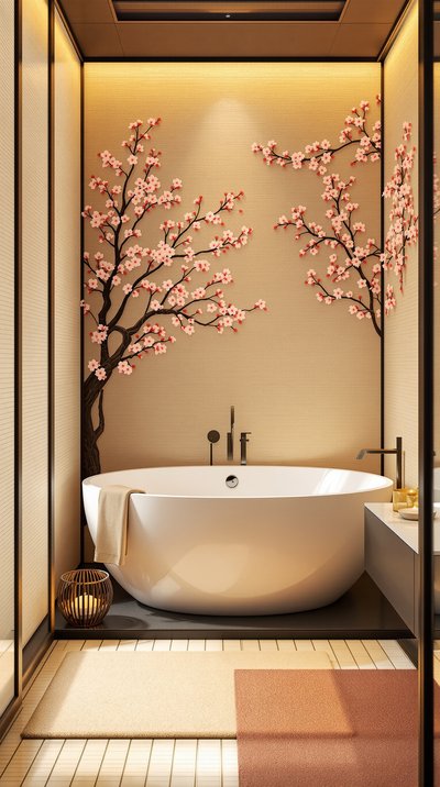 Zen-ähnliches Badezimmer mit japanischer Tauchwanne, Kirschblütenakzenten und Reispapierwänden