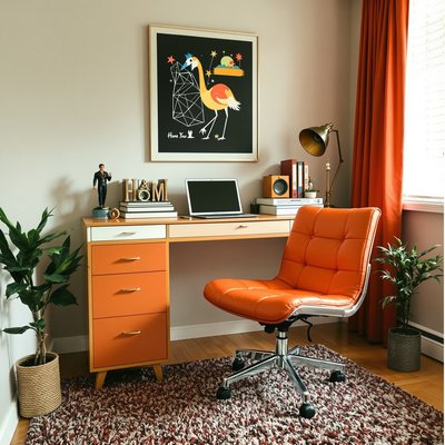 Büroecke im Stil der 1970er Jahre mit orangefarbenem Vinylstuhl und Shaggy-Teppich